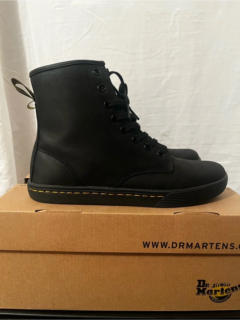 Dr. Martens Black High-Top Lace-Up Boots with Yellow Stitching